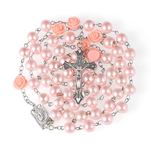 Rosary Beads for Women With Box, Blue Crystal Catholic Necklace, Last Supper Vintage Jewelry Box, Anglican Prayer Beads Christian Gifts - color: Pink Rose + Madonna & Child Rosary Box