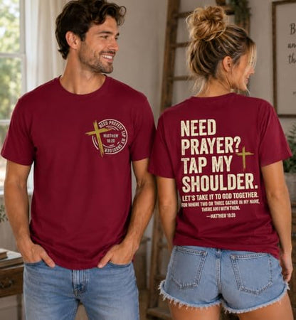 Christian Shirts for Men Women Need Prayer Tap My Shoulder Shirt Christian Religious Faith Bible Verse Cross Shirt - color: Claret, size: 3X-Large