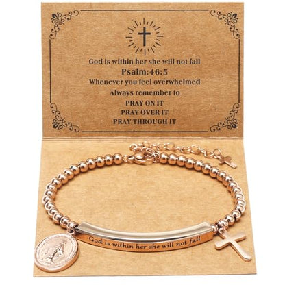 DS Women Christian Charm Bracelet,Cross Scripture Stainless Steel Jewelry - style: God is Within Her She Will Not Fall-Rose Gold