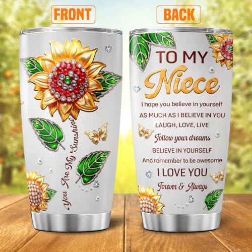 To My Niece 20oz Insulated Tumbler with Sunflower Design, Inspirational Birthday Gift for Niece from Aunt or Uncle, Stainless Steel Vacuum Cup for Graduation, Christmas, Valentine's Day - color: Niece Love