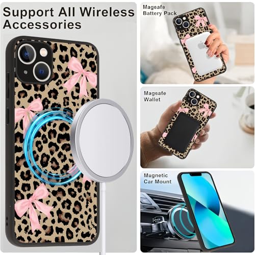 Magnetic Phone Case for iPhone 13 6.1",Compatible with MagSafe, Leopard Cute Bow Pattern Aesthetic Design Cases TPU Shockproof Protective Phone Cover for Girls Women - color: Leopard bow, size: for iPhone 13