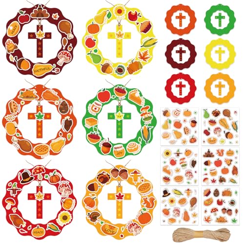 JarThenaAMCS 30 Set Fall Thanksgiving Wreath Craft Kit Autumn Christian DIY Crafts Make Your Own Wreath Cross Stickers Rope Hanging Ornament for Arts Activities Home Decorations