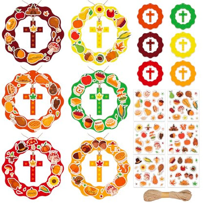 JarThenaAMCS 30 Set Fall Thanksgiving Wreath Craft Kit Autumn Christian DIY Crafts Make Your Own Wreath Cross Stickers Rope Hanging Ornament for Arts Activities Home Decorations