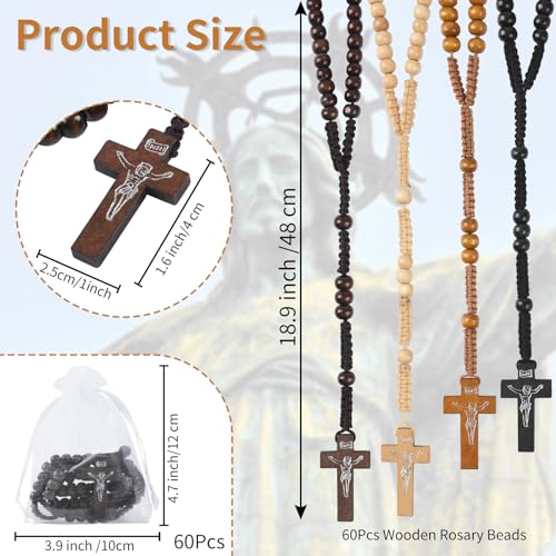 60 Set Wooden Rosary Beads Bulk Wood Catholic Rosaries with Jesus Holy Cross First Communion Wood Carved Rosary with Organza Bags Religious Rosary Catholic Baptism Church Present for Men Women
