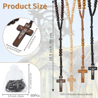 60 Set Wooden Rosary Beads Bulk Wood Catholic Rosaries with Jesus Holy Cross First Communion Wood Carved Rosary with Organza Bags Religious Rosary Catholic Baptism Church Present for Men Women