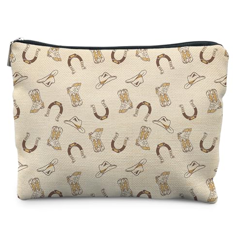 Retro Western Makeup Bag for Women,Cowgirl Cowboy Boots Cosmetic Bags,Gifts for For Mom Friends Teen Girl & Women, Beige Western Zipper Makeup Pouch for Purse - color: Retro Western
