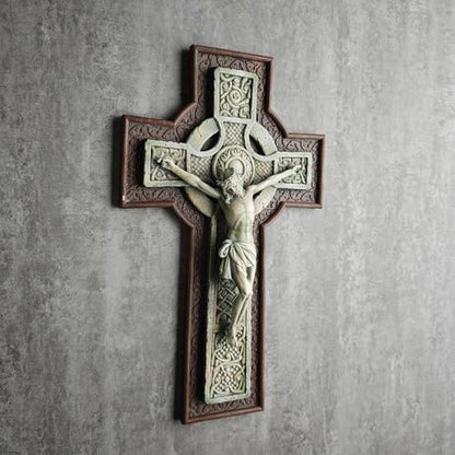 BC Catholic 12”H Crucifix Wall Cross, Celtic Cross for Indoor Garden, Catholic Gifts, Religious Home Decor,Wood Stone Carve Looking, Hand Painted by Buildclassic