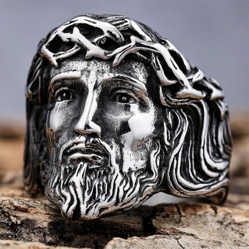 Vintage Silver Jesus Head Signet Stainless Steel Ring For Women Men Religious Amulet Baptism Band Antique Thumb Knuckle Ring Hip Hop Biker Baptism Christian Catholic Costume Jewelry Gifts Accessories