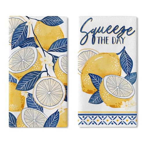 Blue Lemon Kitchen Dish Towels Set of 2, Amalfi Coast Capri Squeeze - color: Lemon