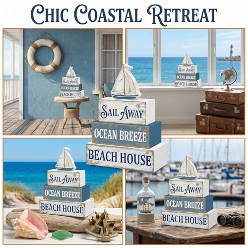 Britimes Tiered Tray Decor Set, 4 Pack, Wooden Table Sign, Nautical Ocean - style: Sailboat