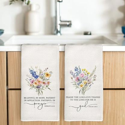 Christian Floral Kitchen Towels, Bible Verse Wildflower Decorative Tea and Dish Towels, Christian Gifts for Women Faith, Religious Decor Hand Towel for Bathroom, 16x24 Inch Set of 2