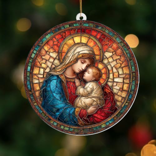 Holy Mother & Child Stained Glass Acrylic Ornament 2025 – Madonna & Child Religious Christmas Ornament, Nativity Window Sun Catcher Acrylic, Catholic Tree Decoration,Keepsake for Holiday Home (Sun-25) - color: Sun-25