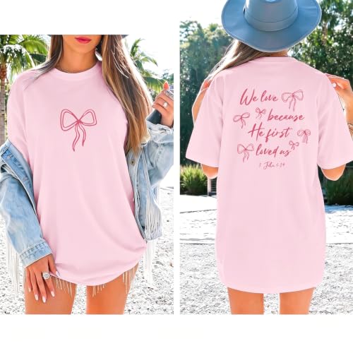 Christian Faith Bow Shirts for Women Cute Coquette Shirt Jesus Religious Tshirts Bible Verse Oversized Graphic Tee - color: Pink, size: XX-Large