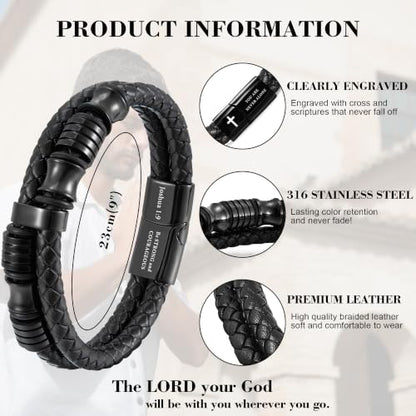 Christian Gifts for Mens Jewelry Black Double Layer Leather Cross Bible Verse Bracelets for Men, Teen Boys Religious Baptism Confirmation Gifts for Son Grandson Brother Teenages Gift Ideas - color: Joshua 1:9(9 Inch)