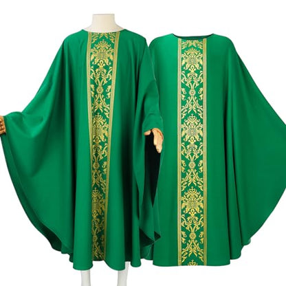Priest Religious Robe Cosplay Costume Vestment Robe Mass Round Collar Chasuble Robe with Pastor - color: Green