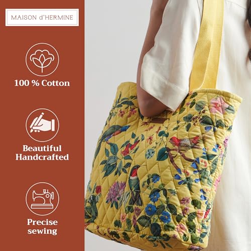 Maison d' Hermine Shopping Bags Cotton Quilted Tote Bag with Zipper Pockets - color: 004 - Eden - Yellow