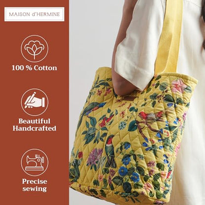 Maison d' Hermine Shopping Bags Cotton Quilted Tote Bag with Zipper Pockets - color: 004 - Eden - Yellow