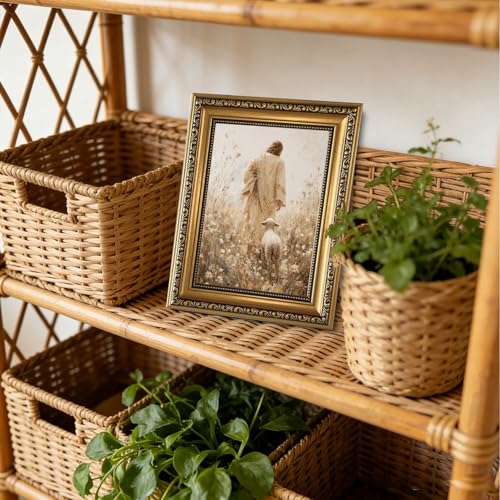 Gold Framed Jesus And Lamb Wall Art Jesus Leaves the 99 Sheep Painting - color: Gold Framed-07, size: 10"L x 8"W