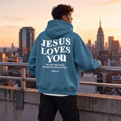 Wrenpies Christian Jesus Love You Hoodie for Men Jesus Is King Faith Religious Bible Verse Hoodies Graphic Fleece Sweatshirt - color: Deep Blue, size: Large