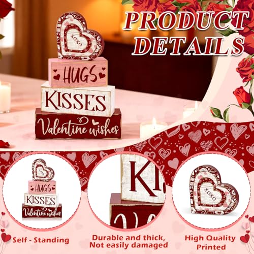 Britimes Tiered Tray Decor Set, 4 Pack, Wooden Table Sign, Red Valentine - style: Hug Kisses
