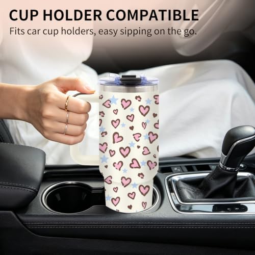 Pink Heart 40oz Tumbler with Handle and Straw, Cute Heart Gifts for Women - color: Leopard1