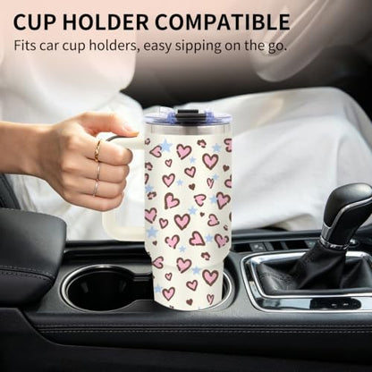Pink Heart 40oz Tumbler with Handle and Straw, Cute Heart Gifts for Women - color: Leopard1