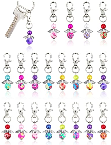 20 Pcs Angel Pearl Beads Pendant Keychain, Angel Fairy Mixed Stone Dangle Charms with Swivel Clasps Hook for Bag Pouch Purse Key Holders
