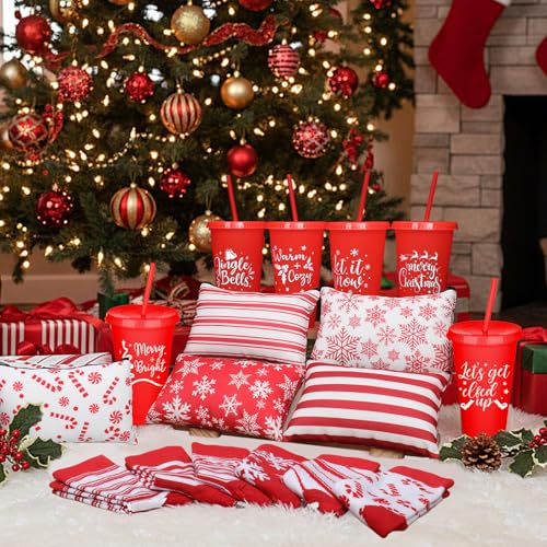 Funnymoom 24 Pcs Christmas Candy Cane Gifts Set Include 24 oz Merry Christmas Plastic Tumbler Cup with Lids and Straw Makeup Cosmetic Red Bag Crew Sock Keychain for Xmas Winter Friendmas Gifts - style: Candy