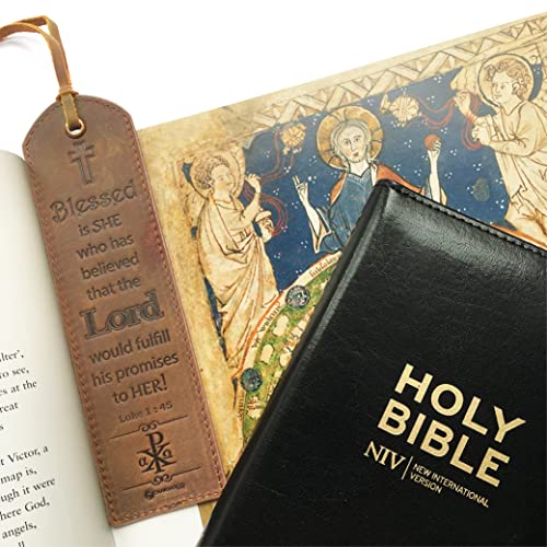 Leather Bible Bookmarks - 2 Leather Christian Bookmarks with Inspirational Bible Verse | Luke 1: 45 Blessed is She | Perfect Religious Book Marker Gifts for Men, Women, Readers and Friends - style: Luke 1:45