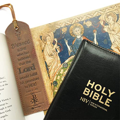 Leather Bible Bookmarks - 2 Leather Christian Bookmarks with Inspirational Bible Verse | Luke 1: 45 Blessed is She | Perfect Religious Book Marker Gifts for Men, Women, Readers and Friends - style: Luke 1:45