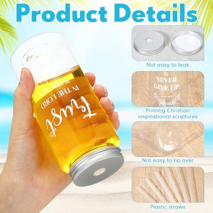 LemonRoad 20 Pack Christian Gift Religious Cups Bulk 13.5 oz Bible Verse Plastic DIY Mason Jar Cups with Straw Lid Reusable for DIY Craft Church Coworker Employee Gift Decoration(English) - style: English