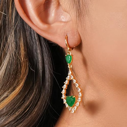 18K Gold Plated, Dangle Earrings for Women, Flower/Heart Drop earrings, Hypoallergenic Cubic Zirconia Earrings, Lightweight, Party, gold earrings, Jewelry for Gifts, Fashion - style: 7508-Green