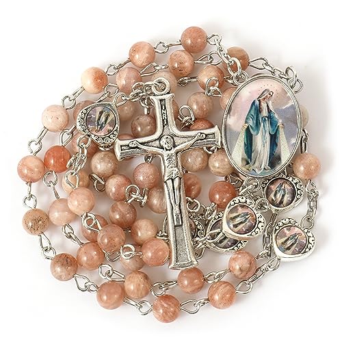 Nazareth Store Natural Stone Beads with Miraculous Epoxy Heart Metal Beads Rosary Necklace Gemstone Christian Gifts - color: Sunstones