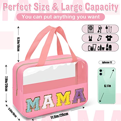 Chenille Letter Clear Makeup Bags Mama Tote, Preppy Patch Makeup Bag Zipper with Handle, Waterproof PVC & Nylon Portable Glitter Large Cosmetic Travel Toiletry Storage Bag for Women Girls(MAMA-Pink) - color: MAMA-Pink