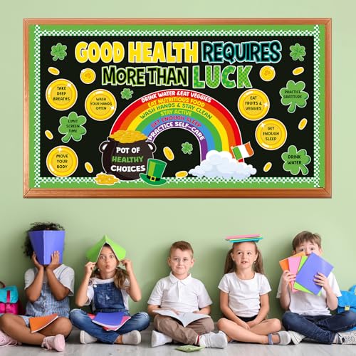 St. Patrick's Day Health Bulletin Board Lucky Shamrock Bulletin Board Decorations Rainbow Gold Coin Paper Cutouts for St. Patrick Party Supplies Home Classroom Chalkboard Wall Door Window Decoration - style: St. Patrick's Day Health