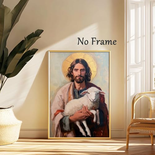Jesus Holding Sheeps Canvas Wall Art Good Shepherd Poster Jesus And Lamb Print Christian Easter Pictures Abstract Christ Artwork Picture Of Christ Portraits The Sheep Painting 16x24in No Frame - color: A3Unframed