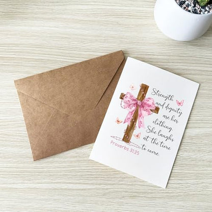 Strength and Dignity Are Her Clothing Card Christian Encouragement Cards Proverbs 31:25 Bible Verse Inspirational Spiritual Greeting Gift for Woman Mom Daughter Sister Friend Bestie Pastor's Wife Niece Mentor - color: Strength And Dignity Proverbs 31:25