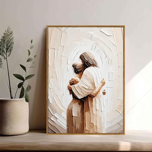 Woman in Jesus Arms Framed Canvas Wall Art 12x16 inch - color: Safety, size: 12"x16" Natural