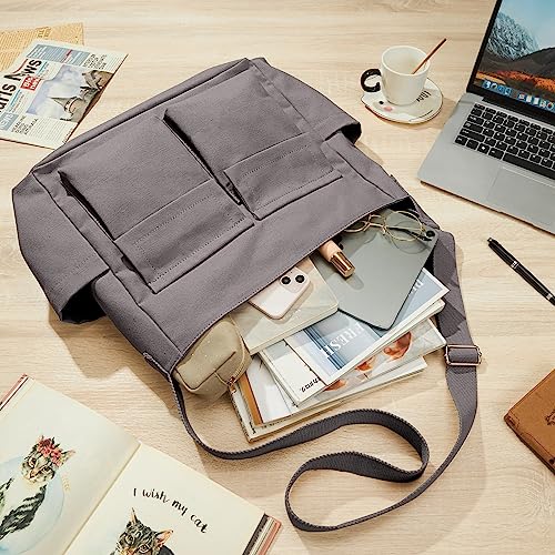 KALIDI Canvas Tote Bag Zipper Large Crossbody Shoulder Bag Messenger Bag - color: Upgraded Grey