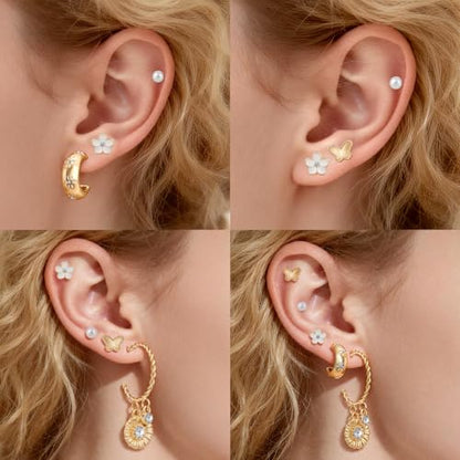 Gold Earrings Set for Women 14K Gold Plated Cubic Zirconia Love Heart Bowknot Clover Fruit Flower Insect Ocean Cross Huggie Hoop Earrings Stud Earrings Set for Multiple Piercing Party Jewelry Gifts - style: Flower Butterfly