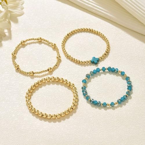 Colorful Cross Charm Bracelets for Women Men Adjustable Gold Plated Beaded Bracelet Boho Bead Ball Stretch Bracelet Birthday Summer Beach Jewelry - color: Blue