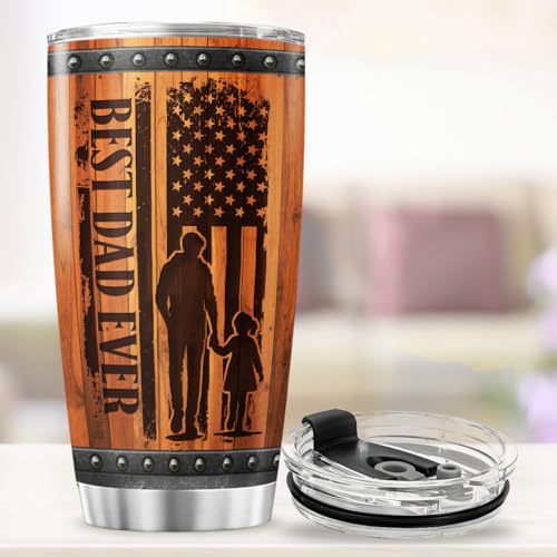 Best Dad Ever American Travel Mug, 20oz Stainless Steel Tumbler with Rustic Wood Design, Vacuum Insulated Gift Cup for Father, Ideal for Birthday, Christmas, Father's Day, Outdoor Use - color: Patriotic Dad