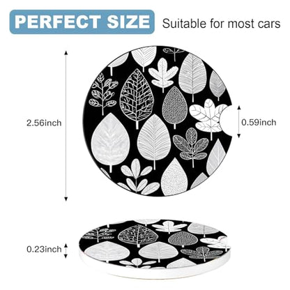Ceramic Car Cup Holder Coasters Set of 2, 2.56 in Black Leaves - color: Black Leaves