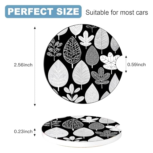 Ceramic Car Cup Holder Coasters Set of 2, 2.56 in Black Leaves - color: Black Leaves