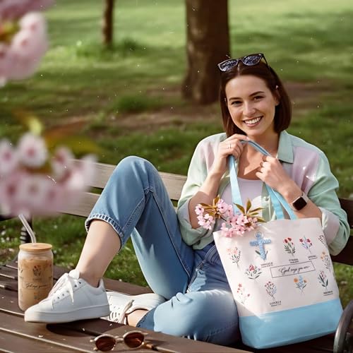 Aliceset 6 Pcs Religious Christian Gifts for Women Bible Verse Tote Bag Cosmetic Bag Glass Cup Keychain for Catholic Church(Blue) - color: Blue