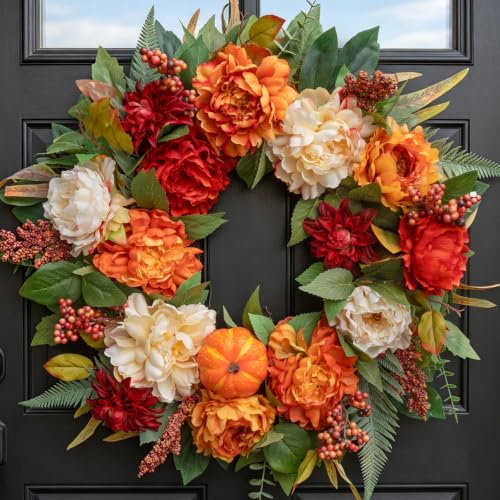 24 InchFall Wreaths for Front Door Autumn Wreath with Peony, Pumpkins - color: Orange1