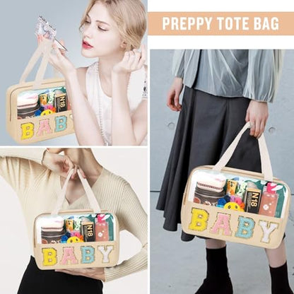 Preppy Clear Baby Makeup Bags with Chenille Letter Patches, Travel Essentials Large Clear Make up Bag Zipper Pouch with Handle, Waterproof Nylon Cosmetic Toiletry Storage Tote for Women (BABY-Beige) - color: BABY-Beige