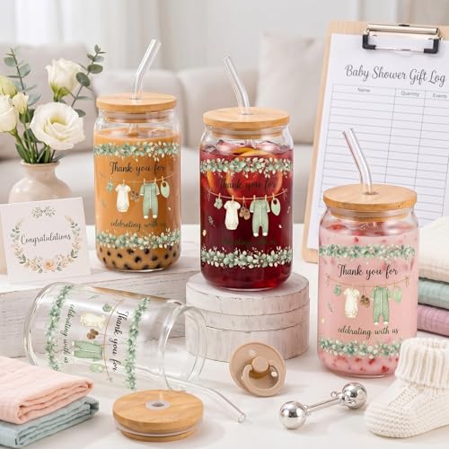 Glass Cups with Lids and Straws, 4Pack, 16oz, Boho Baby - color: Baby Shower