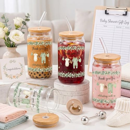 Glass Cups with Lids and Straws, 4Pack, 16oz, Boho Baby - color: Baby Shower