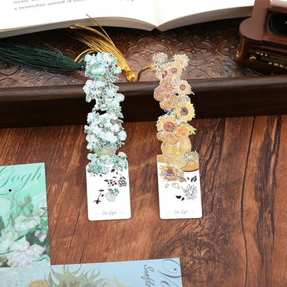 2 Metal Bookmarks with Tassel, Oil Painting Sunflowers and Vase with Roses - style: 《Sunflowers》 and 《Vase with Roses》